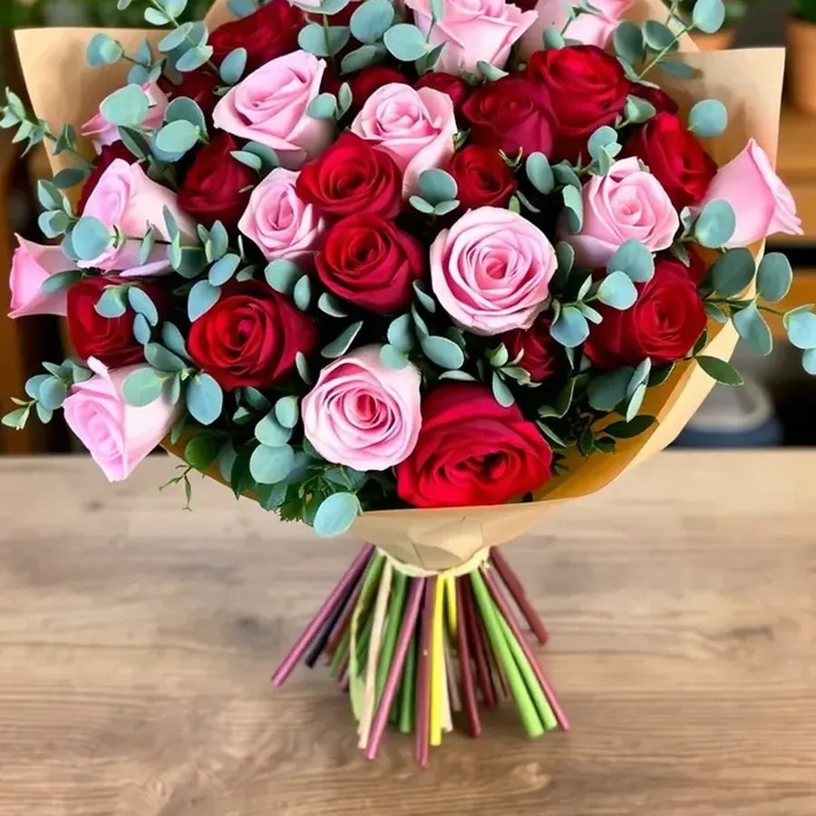 Bouquet of pink and red roses wrapped in kraft paper