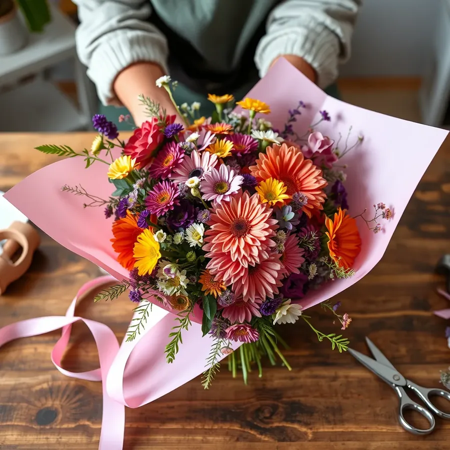 A mixed bouquet being wrapped in pink paper