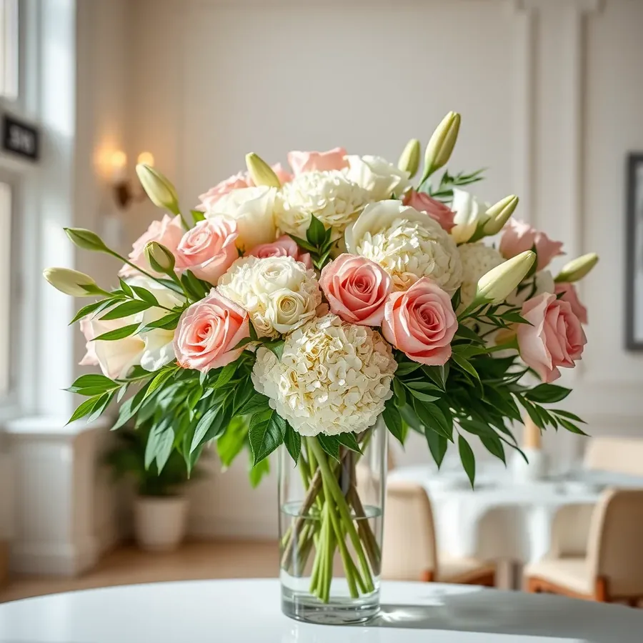 White and blush rose arrangement in a glass vase